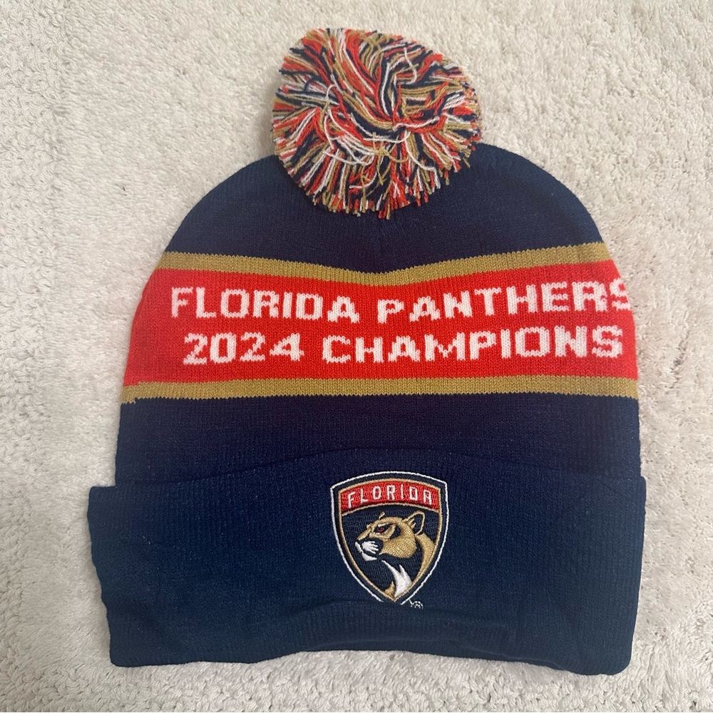 Panthers Hockey NHL 2024 Stanley Cup Champions Beanie Pom Pom Hat Blue